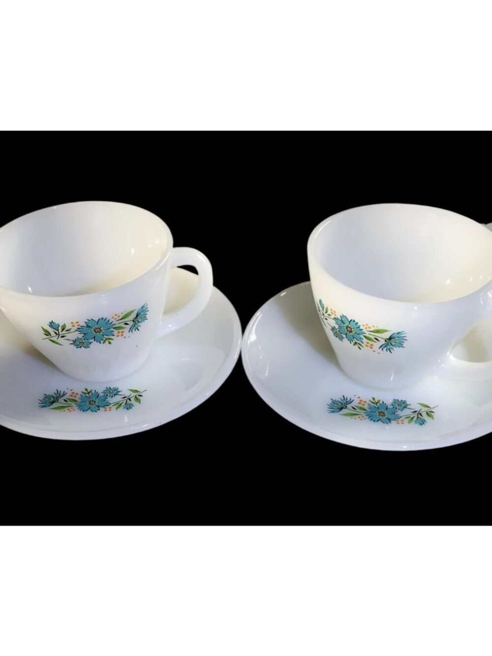 Vintage Fire-King Milk Glass Bonniie Blue Carnations Teacup & Saucer Set (4) - Picture 3 of 11